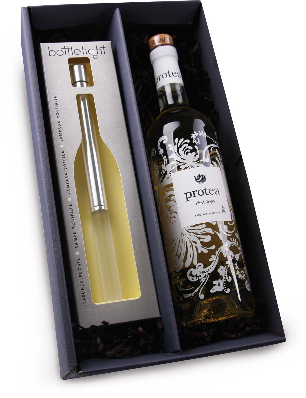 Geschenkset Protea Pinot Grigio mit Stableuchte